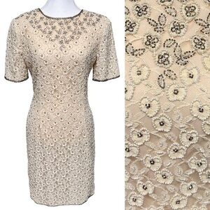 Vintage Beaded Lace Dress Wedding Bride Bachelorette Beige Stenay Size 6